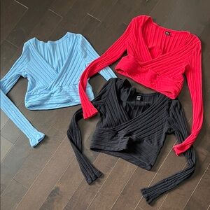 SHEIN bundle 3 Ribbed Wrap long sleeve Crop Tops in Red, Blue, and Black size M